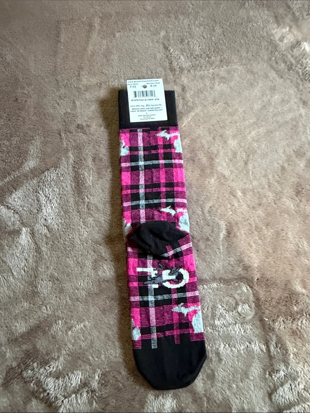 Pink Plaid Crew Socks with Shark Motif